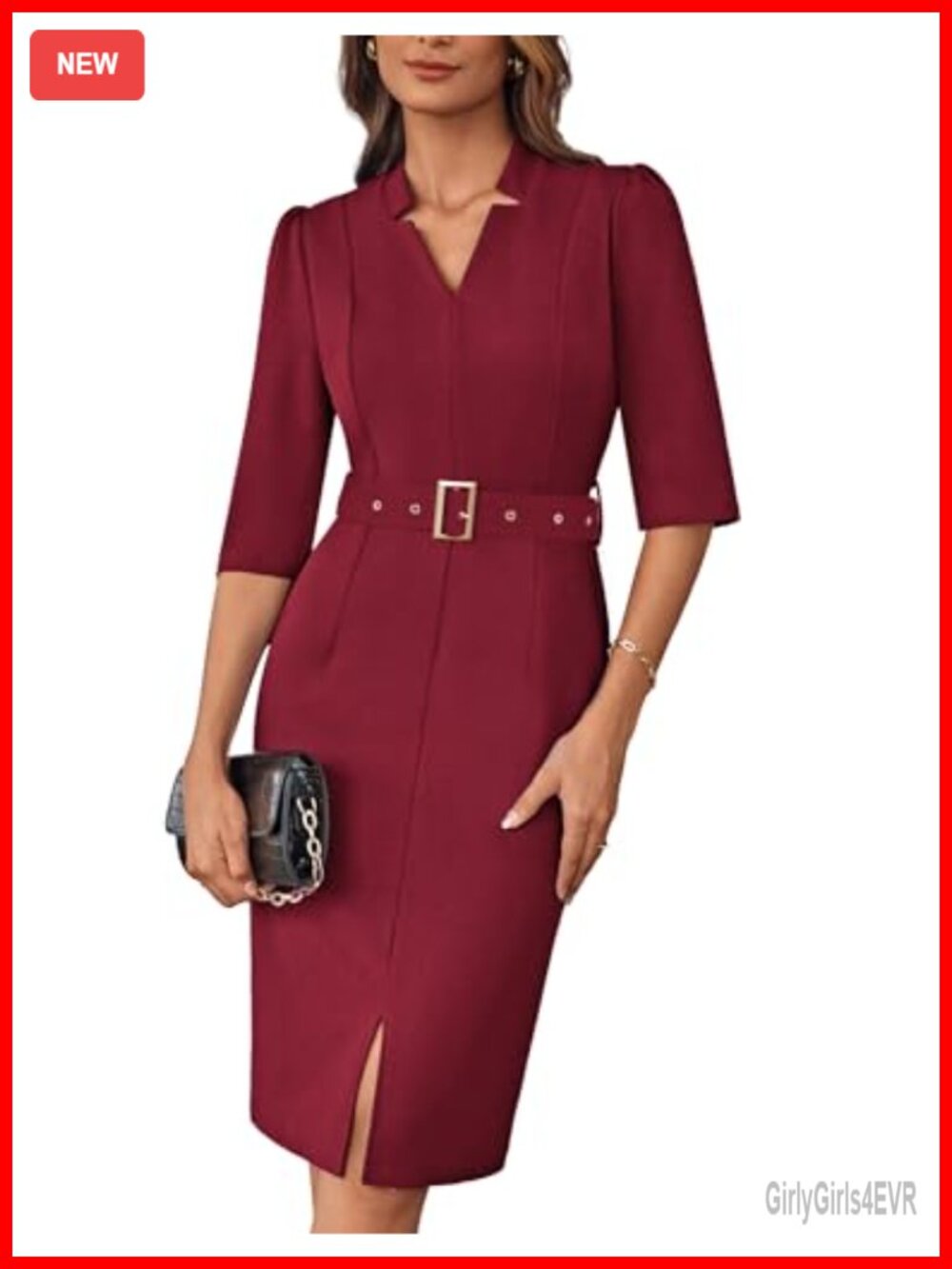 Women's Work Dress 3/4 Sleeve V Neck Bodycon Sheath Dress with Belt